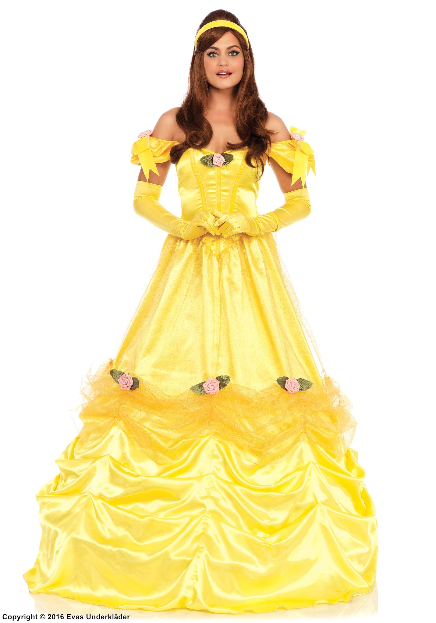 Prinsesse Belle fra Skjønnheten og Udyret, kostyme-kjole, stort bånd, blomster, nettstoff-overlay, off-shoulder